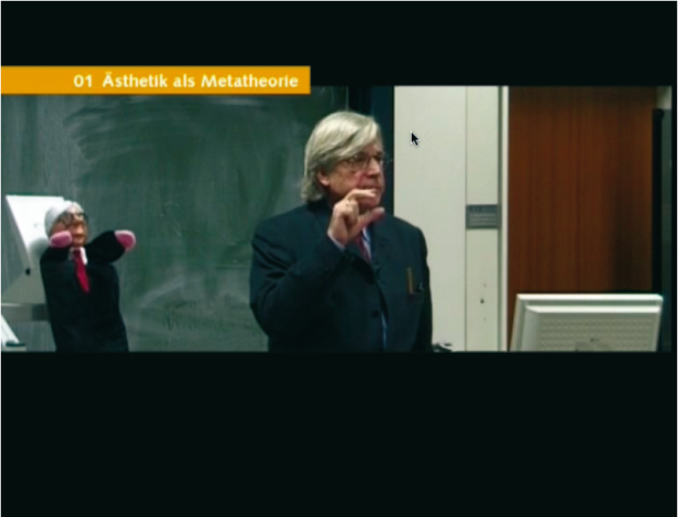 ›Ästhetik als Metatheorie‹ von Prof. Bazon Brock. Das Konzept und die Umsetzung erfolgten durch Prof. Dr. Stefan Asmus, Britta Wandaogo und Studierende des Fachbereichs Design der FH Düsseldorf. Die Vorlesungen sind in Kapiteln aufgeteilt und liegen als Video vor (siehe auch unter ›Interaktivität … als Bestandteil von Wissensvermittlung‹ im Kapitel ›Interactiondesign‹).