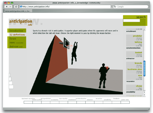 ›Antizipation – Die Ursache liegt in der Zukunft‹. Eine DVD-Video/DVD-ROM-Produktion für das anté-Institut, mit der die Thematik ›Antizipation‹ erläutert wird. Erstellt von Prof. Dr. Mihai Nadin, Prof. Dipl. Des. Torsten Stapelkamp, Stefan Maas, Frank Hegel, Patrick Feldmann, u.v.m. (www.anticipation.info und www.anteinstitute.org). a: Website; b–c: DVD-Video; d–e: DVD-Rom