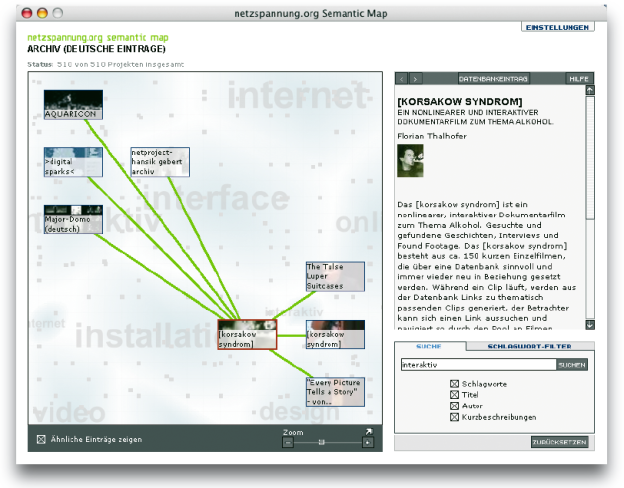 Die ›Semantic Map‹ von http://netzspannung.org dient zur Erschließung und Verwaltung von archivierten Informationen und bietet sowohl Anfängern als auch Experten alle erforderlichen Werkzeuge zur Kategorisierung.