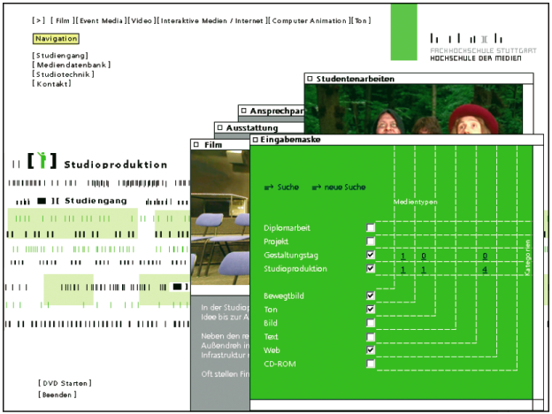Mit dieser Eingabematrix können Projekte gezielt nach Thema und Medientyp ausgewählt werden. Es handelt sich hierbei um eine DVD über die Hochschule der Medien Stuttgart, HdM Stuttgart. Erstellt wurde die DVD von Group Of Pictures, Köln (http://groupofpictures.de).