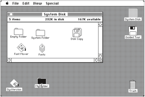 Mac OS 1.1 aus dem Jahr 1983.