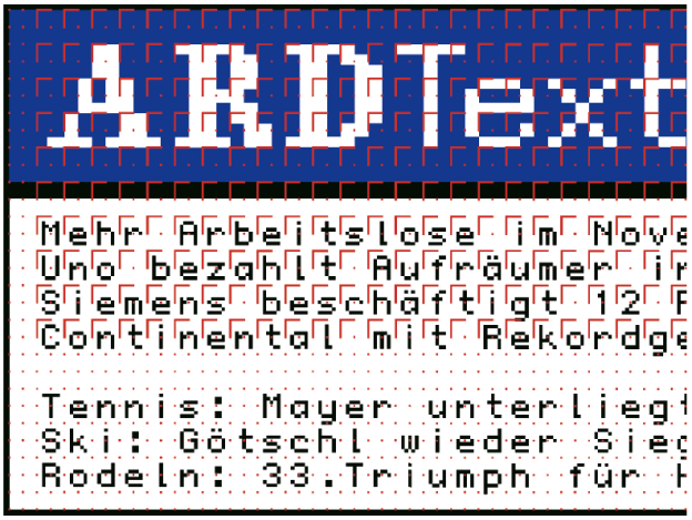 Das Raster für eine Videotextseite muss sich den besonderen Eigenschaften des Fernsehmonitors unterwerfen. Ein Teletext-Pixel ist nicht quadratisch, sondern besteht aus 3 × 2 Sub-Pixel. Die Darstellungsfläche einer Videotextseite ist in 24 Zeilen mit jeweils 40 Zellen eingeteilt. Videotext-Seiten werden mit einer Auflösung von 320 × 240 Pixel bei 38,1 dpi (15 Pixel/cm) angelegt. Eine Zelle hat dann die Ausmaße von 8 × 10 Pixel. Leiterin: Sabine Wahrmann; www.ard-text.de; Gestaltung: avero, Berlin; www.avero.de).