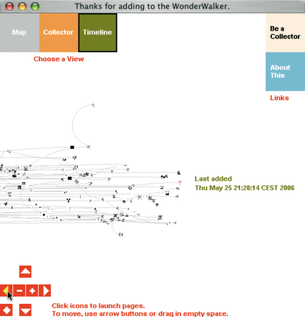 ›WonderWalker‹ ist eine Collaborative Map, die das Sammeln von Internet-Verlinkungen ermöglicht, die Sammlung öffentlich zugänglich macht und mit anderen teilt. Jeder Besucher dieser Internetseite kann ein Icon gestalten, dieses mit Informationen versehen, warum er sich am Sammeln beteiligt, und dann das Icon am gewünschten Platz neben den anderen Icons platzieren. Die Darstellung der Sammlung aller Icons kann sortiert werden nach Sammlern und Erstellungsdatum der Objekte. Der Wanderwalker wurde erstellt von Marek Walczak und Martin Wattenberg, mit zusätzlicher programmiertechnischer Unterstützung durch Jonathan Feinberg (http://wonderwalker.walkerart.org).