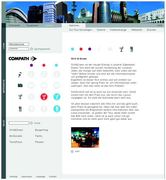Das Funktionslayout der Internetseite des Cityguide ›Compath‹. Mit dieser Internetseite können Events und Veranstaltungen virtuell gesucht und mit einem PDA real gefunden werden. Dieses Projekt stammt von den Studenten Jochen Braun und Daniel Rieber, betreut wurde es von Torsten Stapelkamp an der FH Bielefeld.