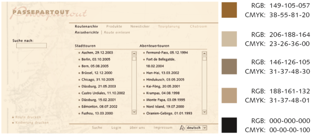 Mit den Farben des Moodboards wurde die Internetseite gestaltet. Sie ist Teil des studentischen Projekts ›Passepartout‹ von Andreas Nickel, betreut von Torsten Stapelkamp, FH Bielefeld. Entsprechende Anteile dieses Projekts werden jeweils auch in den folgenden Kapiteln vorgestellt: unter ›Navigation‹ und ›Funktionslayout‹ im Kapitel ›Orientierung gestalten, planen und strukturieren‹ und im Kapitel ›Styleguide‹