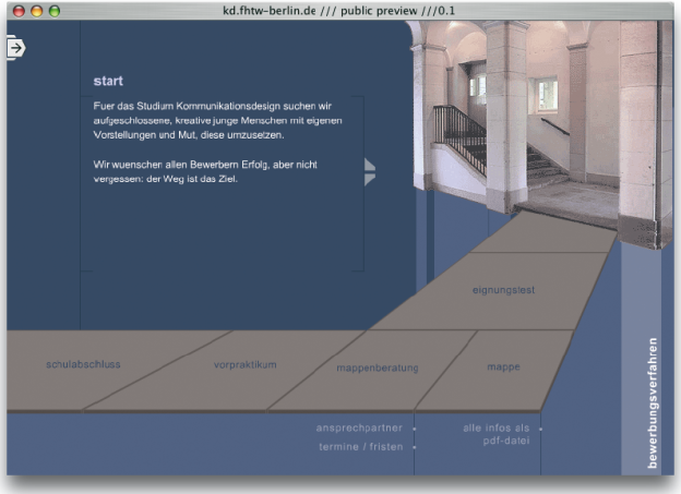 Internetportal des Studiengangs Kommunikationsdesign des Fachbereich Gestaltung an der Fachhochschule für Technik und Wirtschaft Berlin (www.kd.fhtw-berlin.de; Design+Umsetzung: Mark Engelhardt, Jan Frenzel; Betreuung: Prof. Thomas Born).