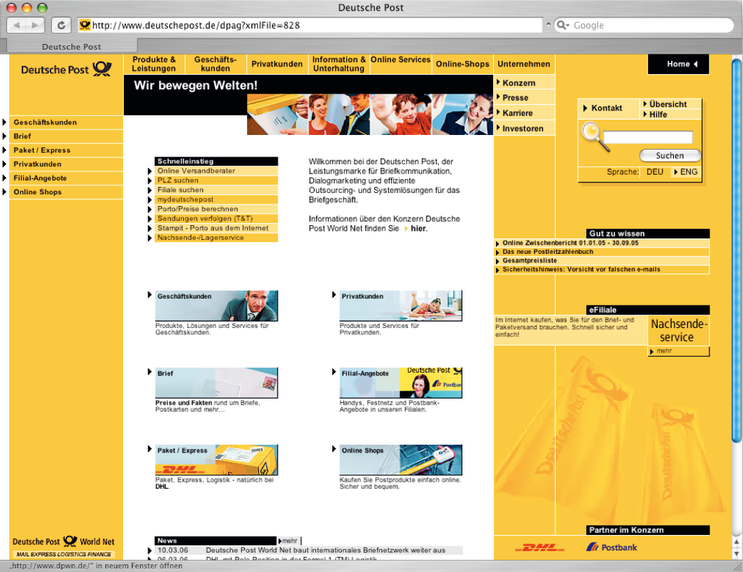 Screenshot der Website von der Deutschen Post.