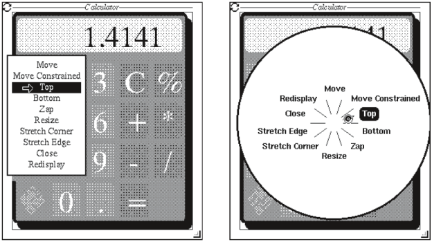 Anhand dieser Beispiele von Pie Menus aus dem Jahr 1987 von Don Hopkins wird der Unterschied eines gelisteten zu einem kreisförmigen Menü deutlich, aber auch, dass das Pie Menu schon seit einiger Zeit Anwendung findet (www.donhopkins.com).