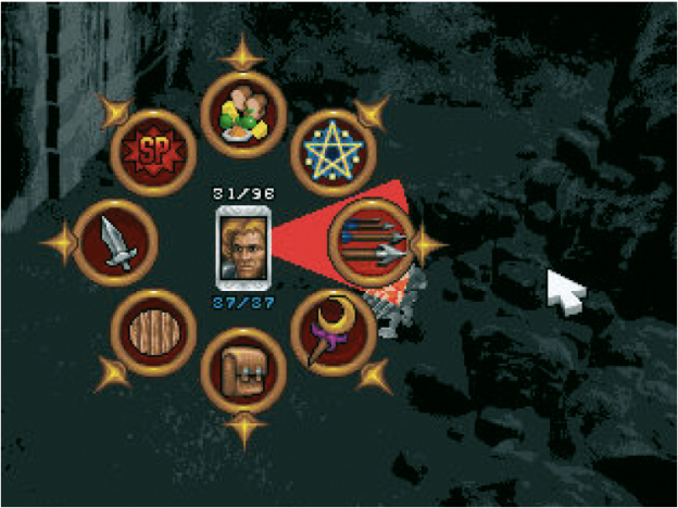 ›Silver‹ von Spiral House/ Infogrames: (www.silvergame.com). Für Computerspiele bietet sich das Pie Menu einerseits an, weil es eine schnellere Auswahl ermöglicht als ein ListenMenü und andererseits passt es sich besser in die Gesamtgestaltung eines Spieles ein.