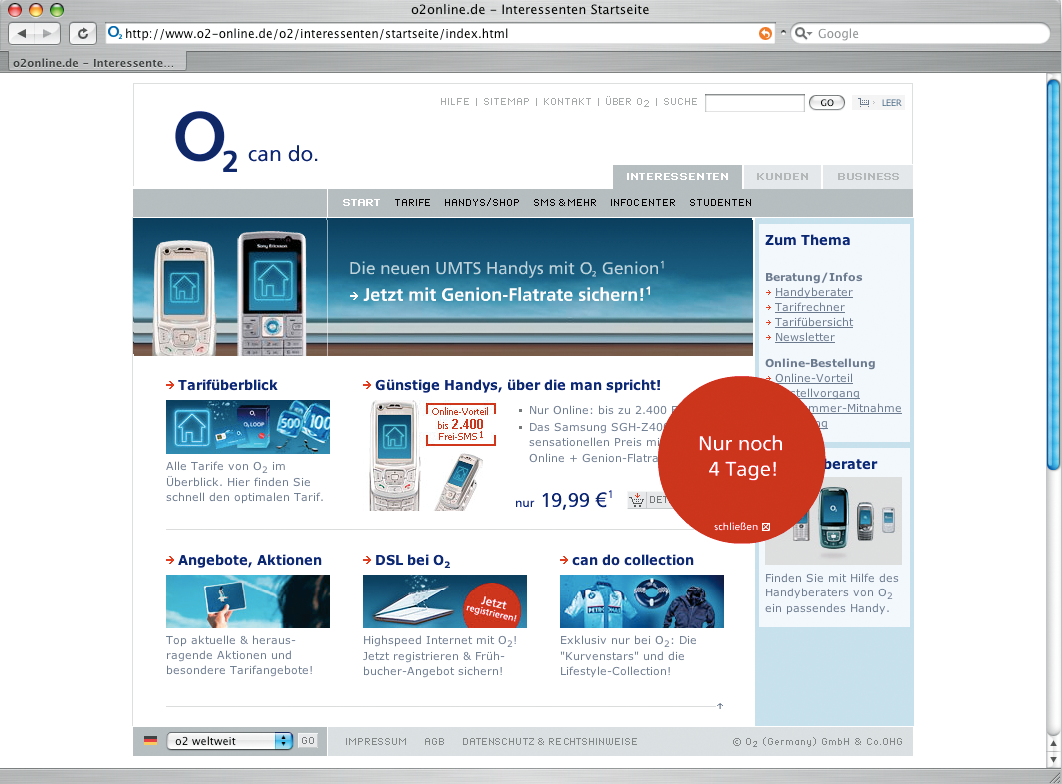 Screenshot der Website von O2.