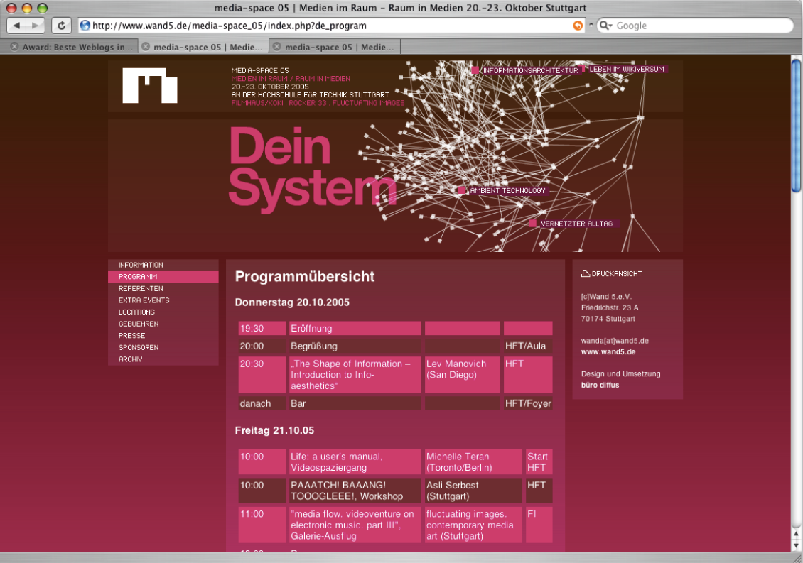 Screenshot der Website www.wand5.dein Rot- und Rosa-Farbtton-Kontrasten.