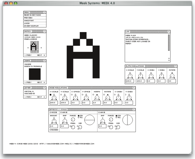 Auf dieser Internetseite wird eine Software angeboten, mit der man direkt über mehrere Regler eine Schrift erstellen und verändern kann. Die Erwartungen, dynamische Veränderungen vornehmen zu können, werden erfüllt. Jede denkbare Skalierung ist anwählbar und das Bedienen der Regler ermöglicht ein direktes Eingreifen (www.robmeek.com).
