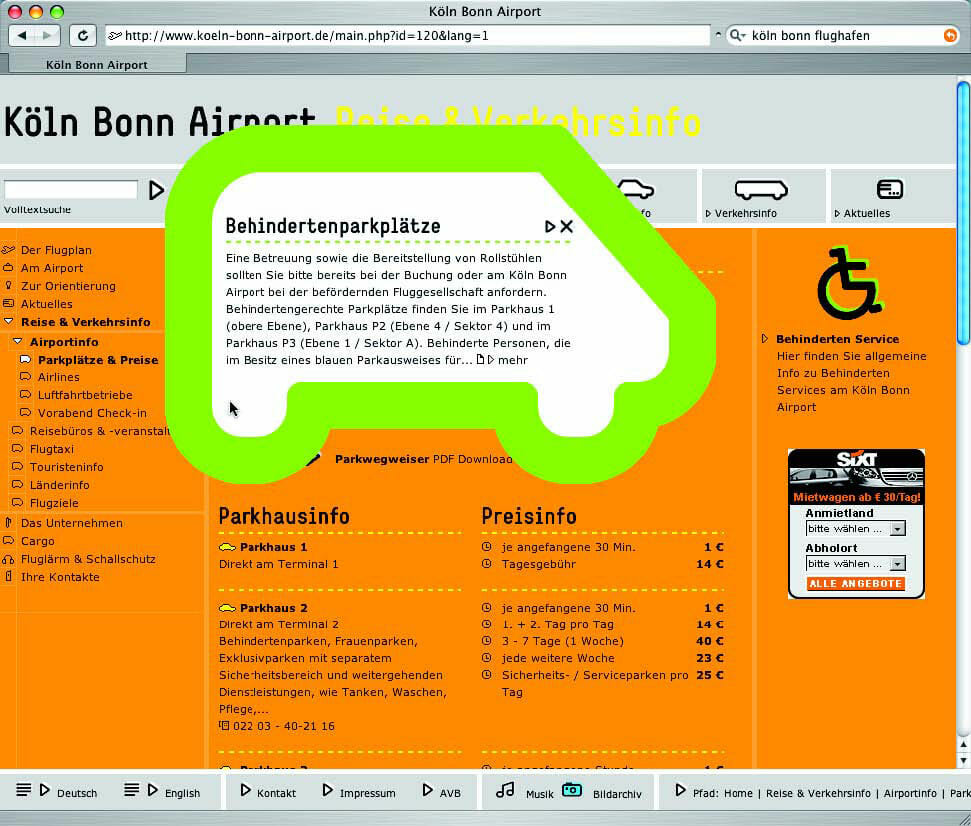 Screenshot der Website des Kölner Flughafens. Zweites Bild.