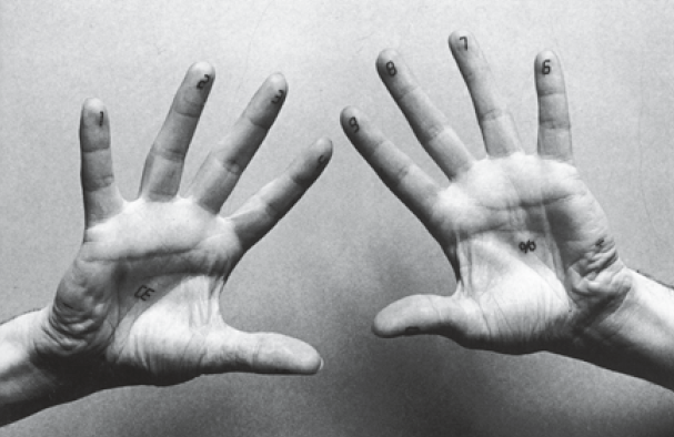 Die Hand als Interface am Beispiel des ›Fingerelektronischen Handrechners‹ der Gruppe Kunstflug, gezeigt in der Ausstellung ›Design heute‹, im Deutsches Architektur Museum Frankfurt am Main, 1986 (Foto: Walter Vogel).